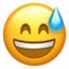 og‘zini katta ochib kulayotgan yuz va sovuq ter Emoji (Apple)