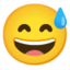 og‘zini katta ochib kulayotgan yuz va sovuq ter Emoji (Google)