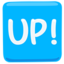 Schriftzug „UP!“ im blauen Quadrat Emoji (Messenger)