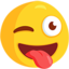 tilini chiqarib turgan va ko‘zi qisilgan yuz Emoji (Messenger)